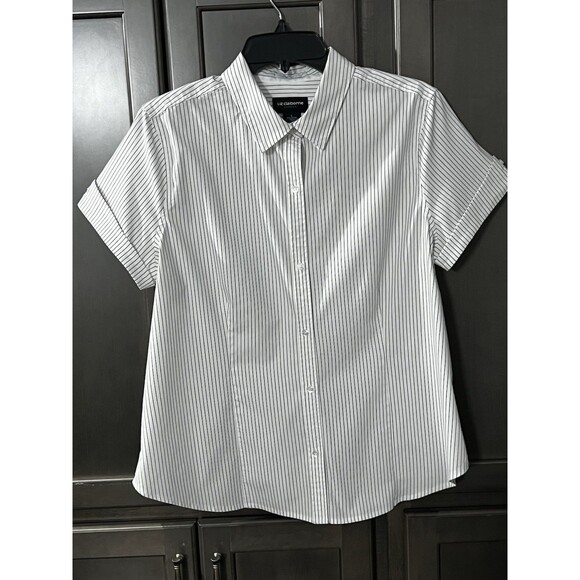 Liz Claiborne Tops - Liz Claiborne White Pinstripe Button Up Collared Short Sleeve Blouse Shirt Large